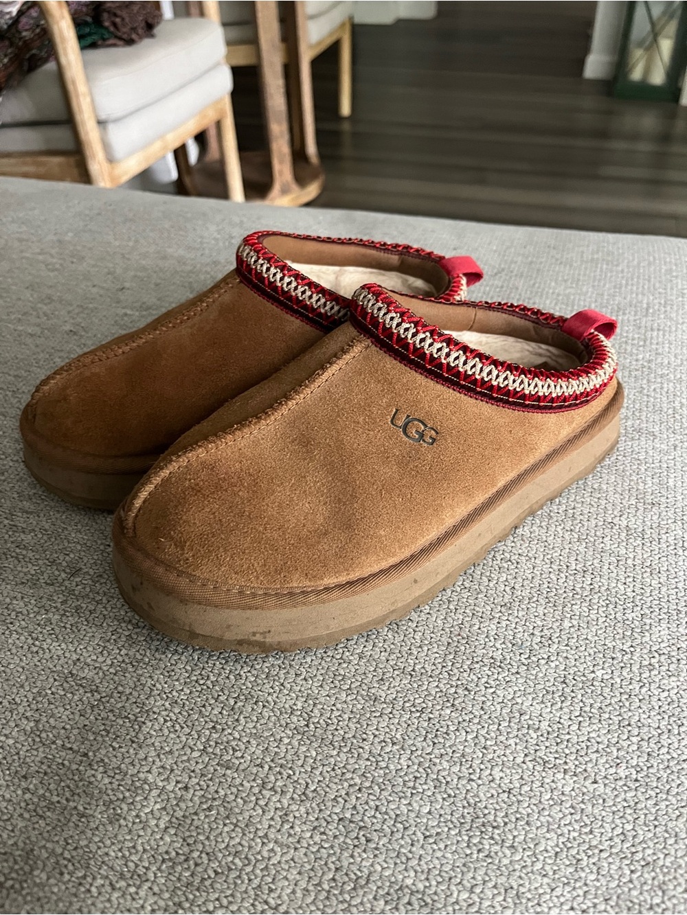 UGG Chestnut Suede Slip-On Mule with Red Trim